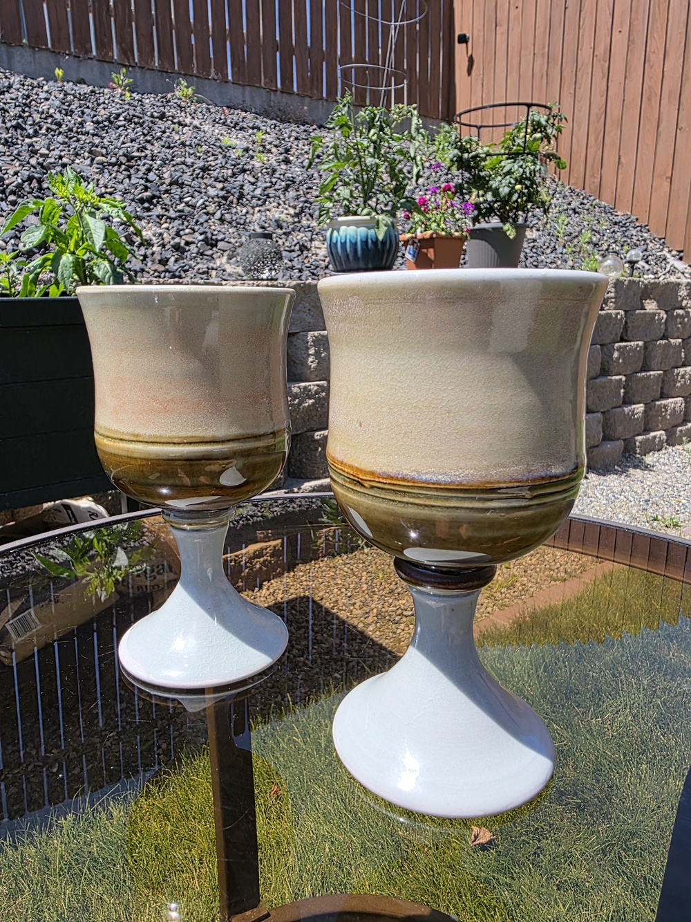 Handmade Signed Art Pottery Pedestal Gobblets Set 2 Beige Light gray blue Boho